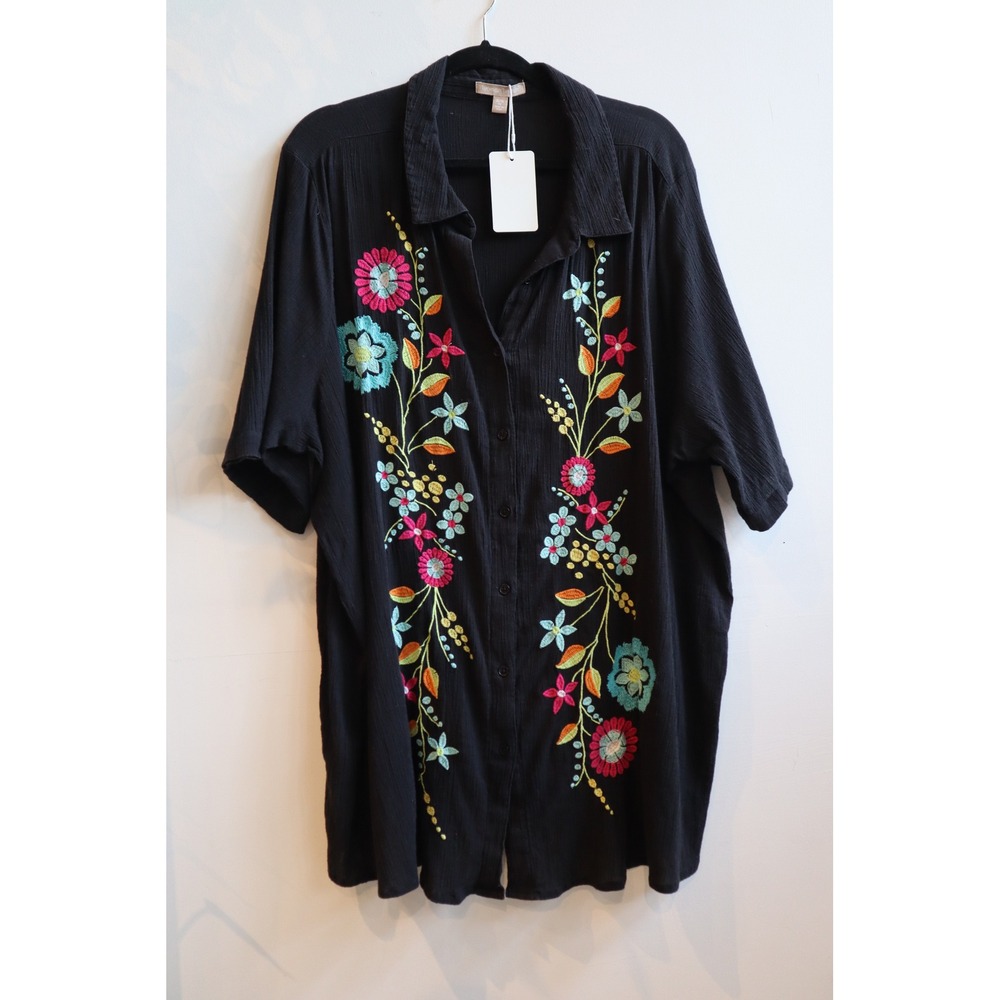 Woman Within Black Crinkle Gauze Floral Embroidered Button Down Tunic Top 2X
